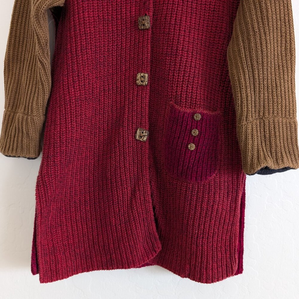 MARGARET WINTERS Cardigan S Red Brown Color Block Longline Button Front Sweater‎ - Picture 2 of 15